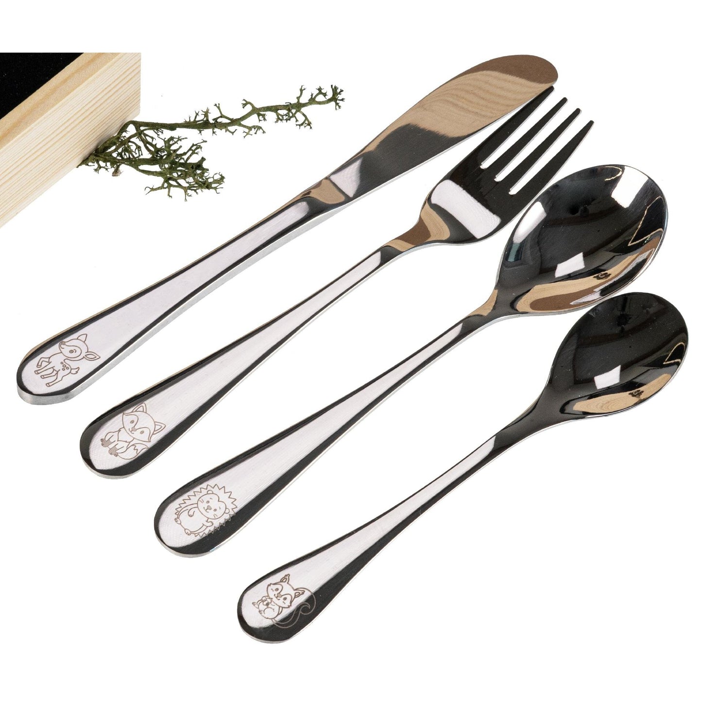 Kinderbesteck Set aus Edelstahl mit Waldtieren Gravur - in FSC® Holzkiste
