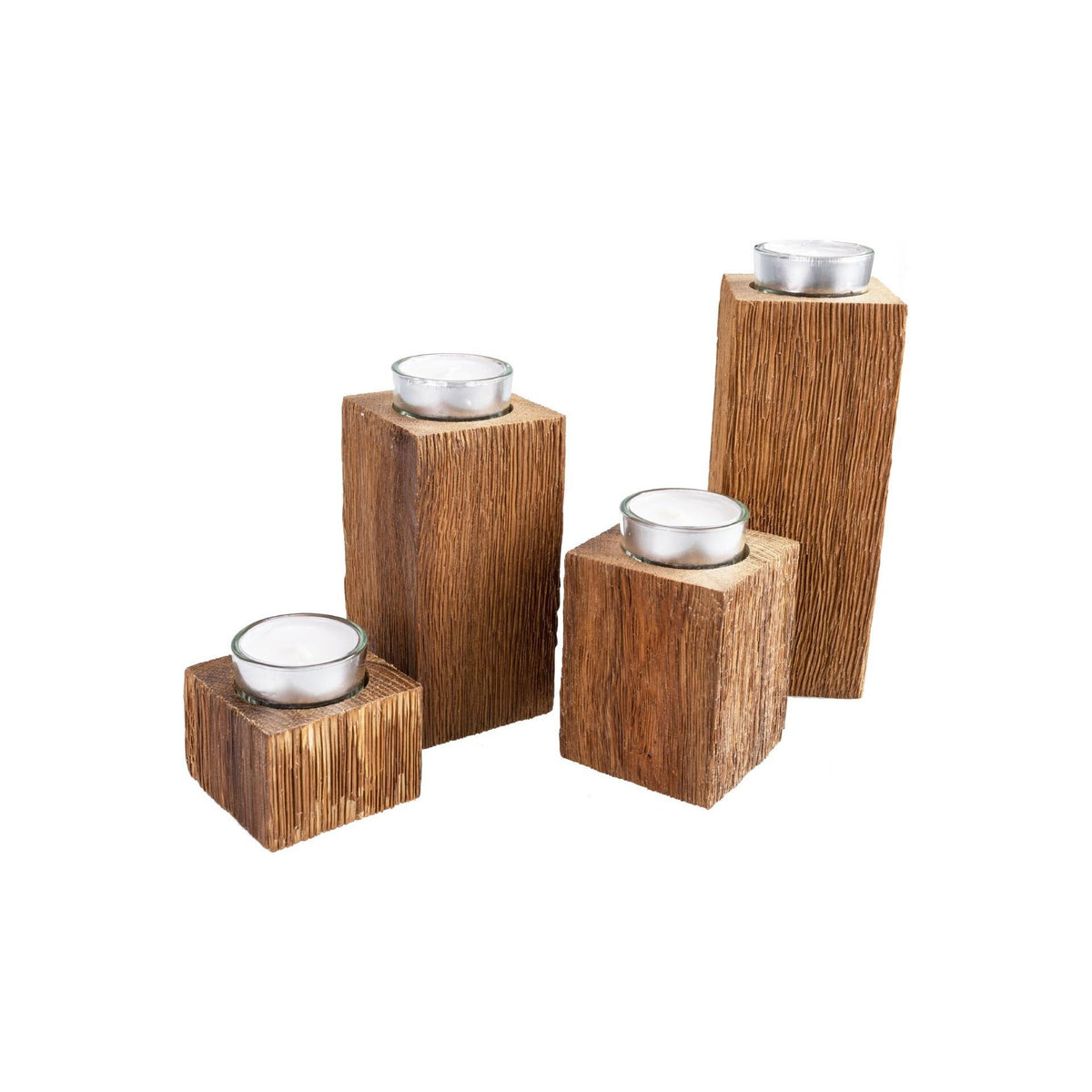 Schlichte Teelichthalter im 4er-Set aus Geölter oder Gebürsteter Eiche mit Glas und Teelicht - Ideal als Adventskranz
