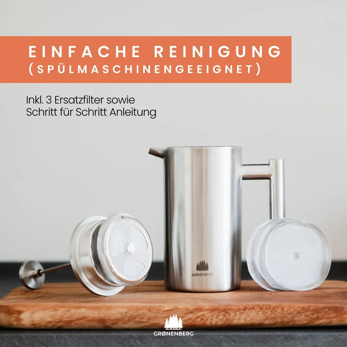 Grønenberg Edelstahl French Press inkl. Ersatz-Filter