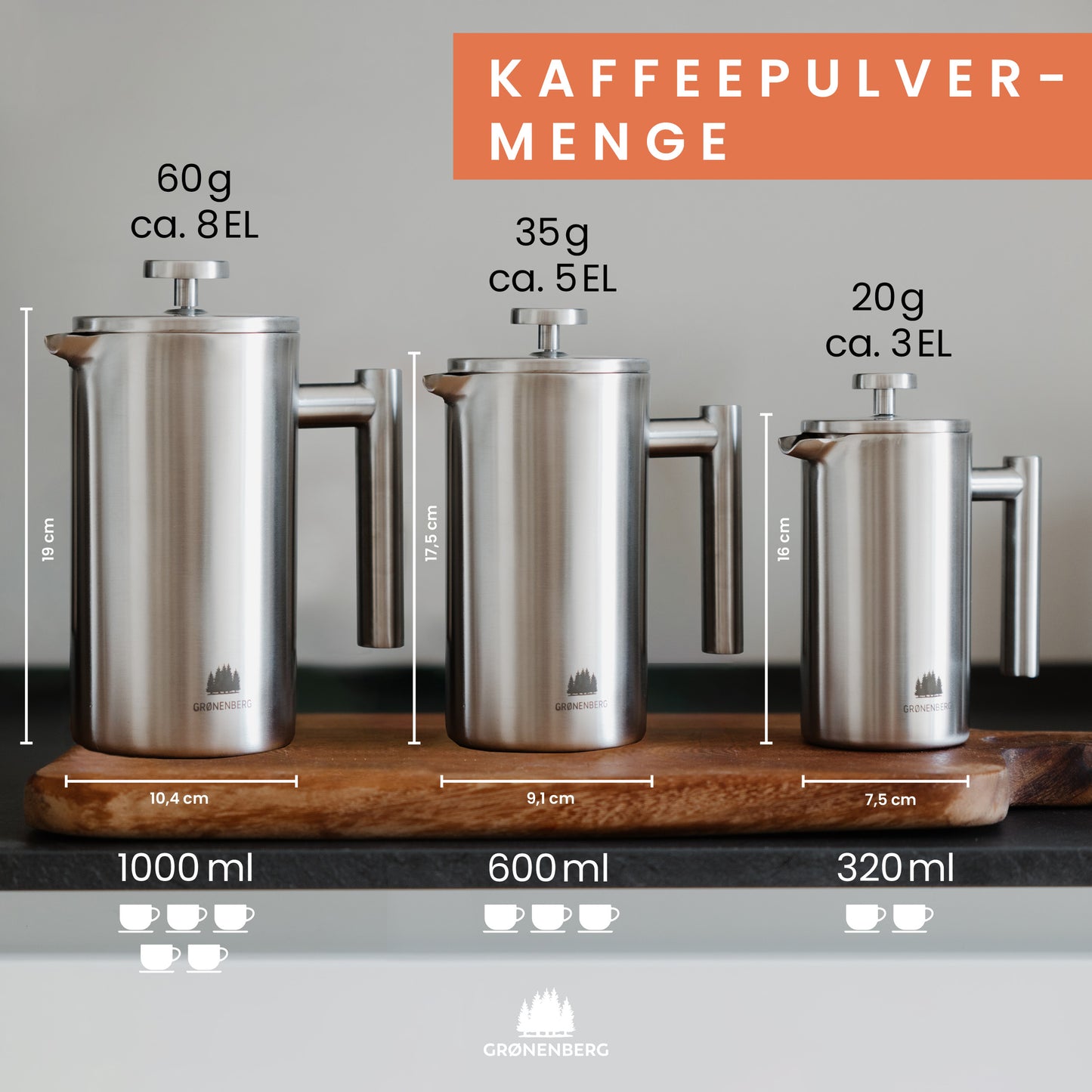 Grønenberg Edelstahl French Press inkl. Ersatz-Filter
