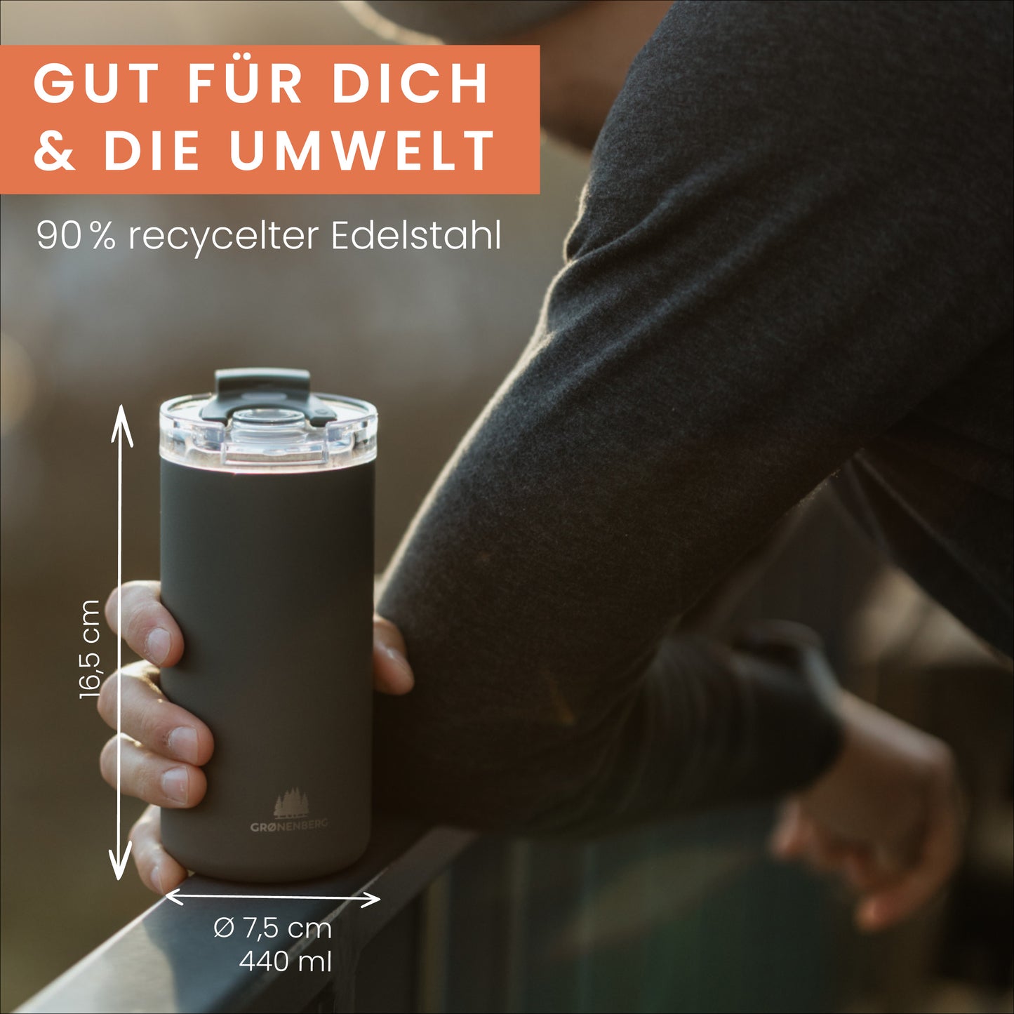 Grønenberg Thermobecher 440ml | Kaffeebecher to go aus recyceltem Edelstahl | 100% Auslaufsicher
