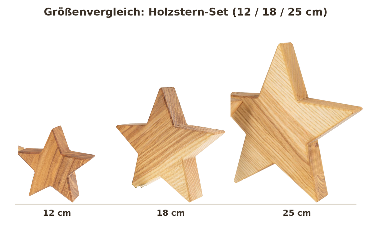 Handgefertigter Holzstern aus Geölter Esche - Rustikale Weihnachtsdekoration 12 cm, 18 cm oder 25 cm