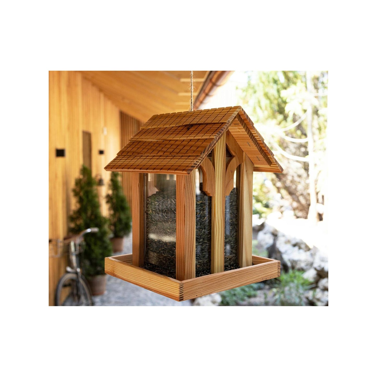 Vogel Futterhaus aus geölter Lärche mit Glas-Rundbogenfenster 25x32cm