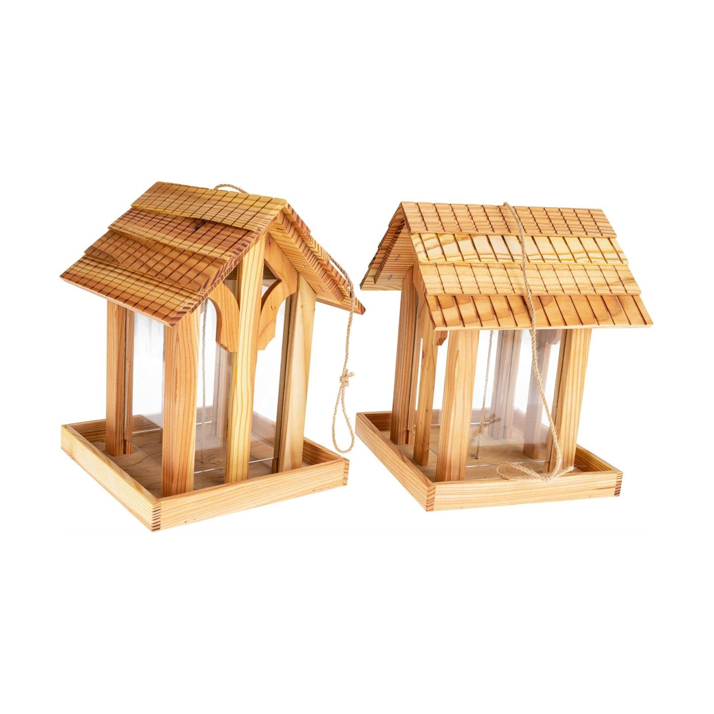Vogel Futterhaus aus geölter Lärche mit Glas-Rundbogenfenster 25x32cm